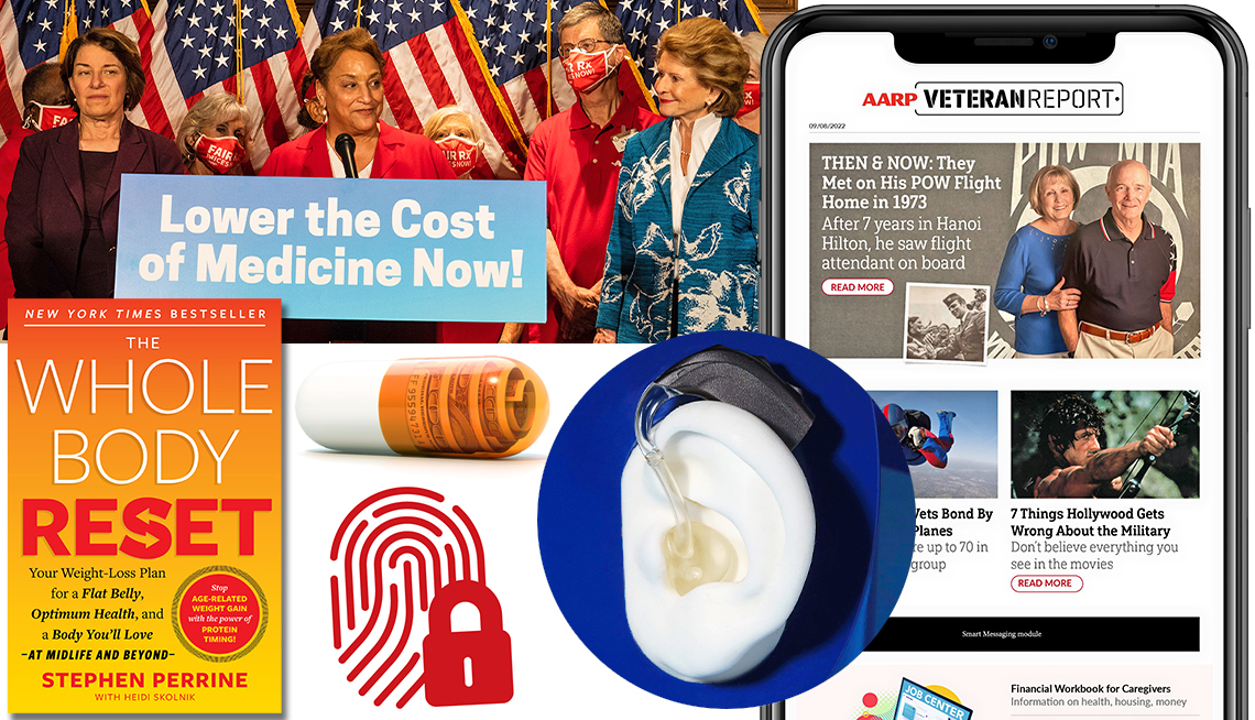 collage of AARP achievements in 2022 - Helping pass a landmark Drug Price Bill and OTC hearing aids, our new Veterans newsletter, The Whole Body Reset book, and fighting fraud