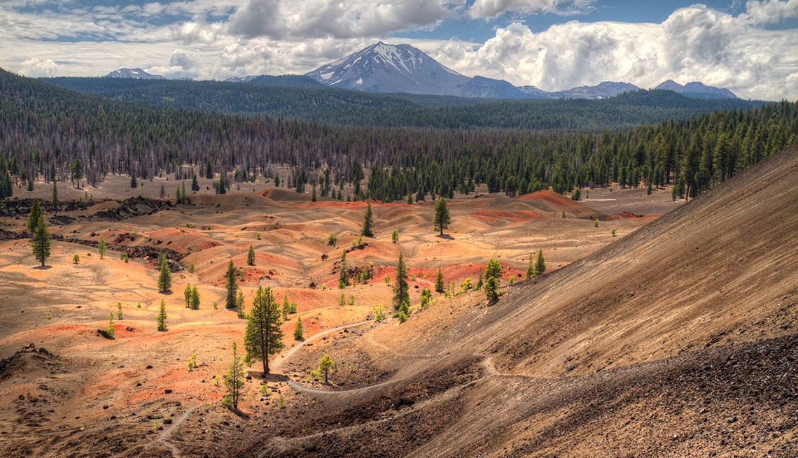 Painted dunes and Mount Lassen as seen from the Cinder Cone at Lassen Volcanic National Park