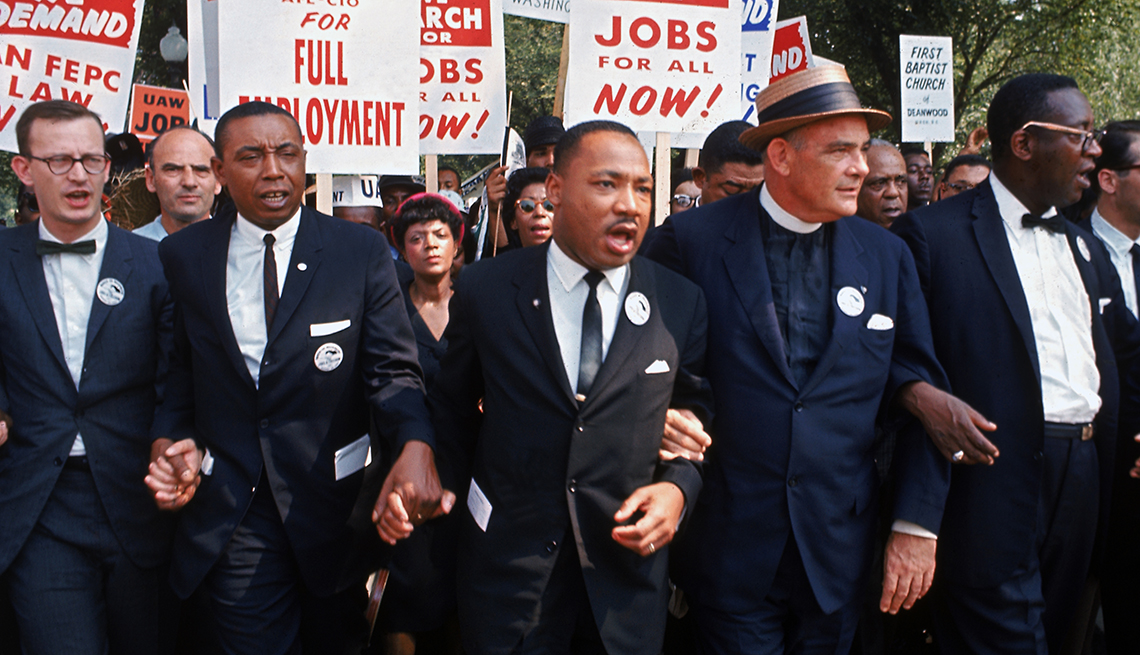 Leaders of March on Washington for Jobs & Freedom marching w. signs (R-L) Rabbi Joachim Prinz, unident., Eugene Carson Blake, Martin Luther King, Floyd McKissick, Matthew Ahmann & John Lewis.  (Photo by Robert W. Kelley/The LIFE Picture Collection via Getty Images)