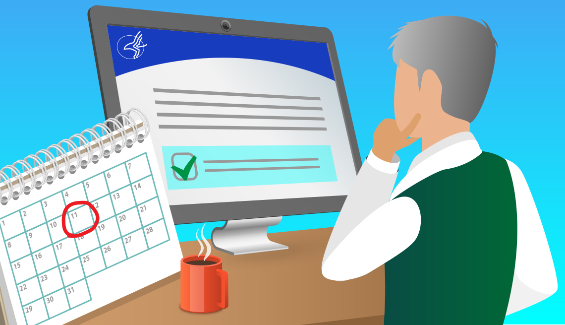 cartoon of man looking at a calendar and the medicare website