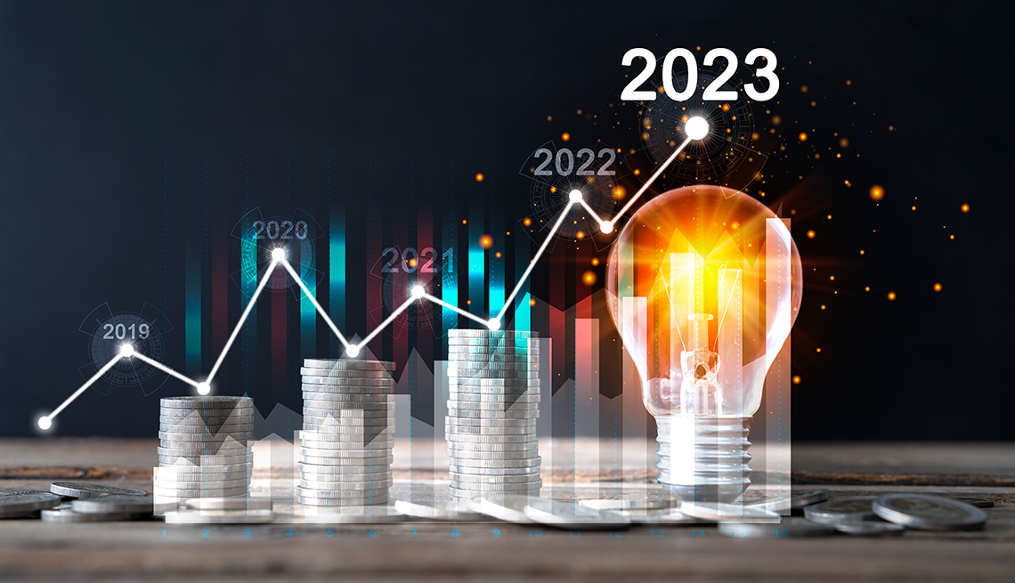 superimposed images show an up and down line chart of years, stacks of money and an illuminated lightbulb labeled 2023. 