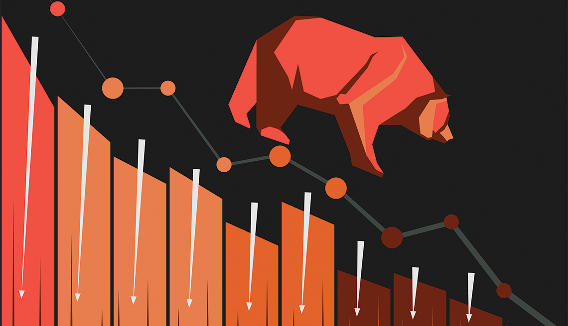Ilustración de un oso que baja una montaña hecha de una estadística de la bolsa de valores a la baja