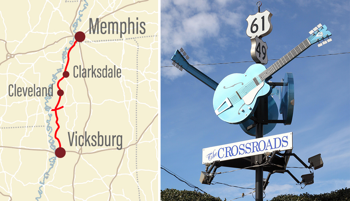 road map with blues highway Rt 61 highlighted; legendary Crossroads sign with guitars at intersection of  Rt 61 and 49