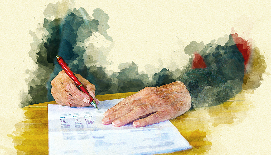 A watercolor painting effect has been applied to a phtograph of a woman's hands as she signs a financial document. 